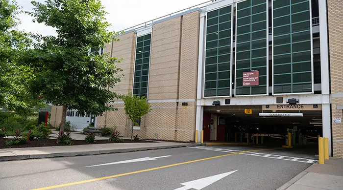 The entrance to the East Campus parking garage.